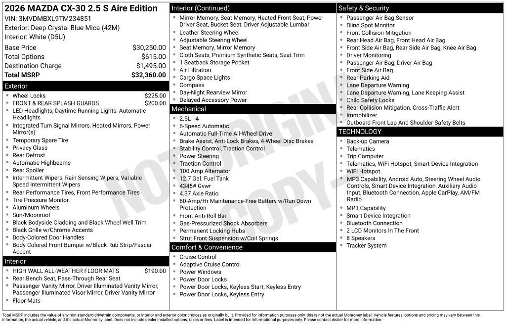 New 2026 MAZDA CX-30 Aire Edition AWD/4WD image 3