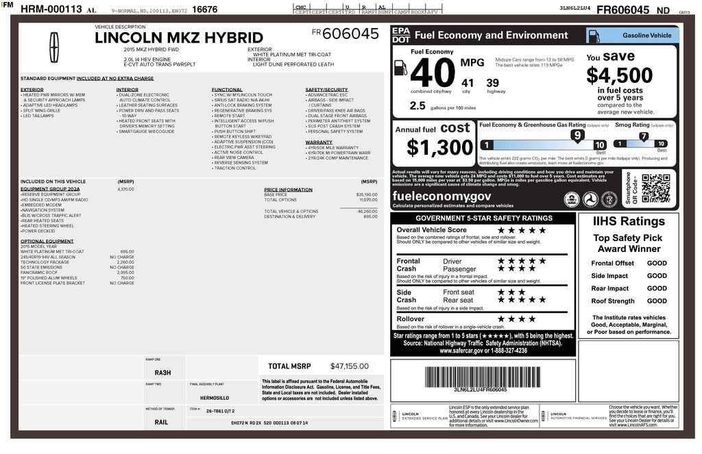 Used 2015 Lincoln MKZ Hybrid w/ Equipment Group 202A Reserve image 18