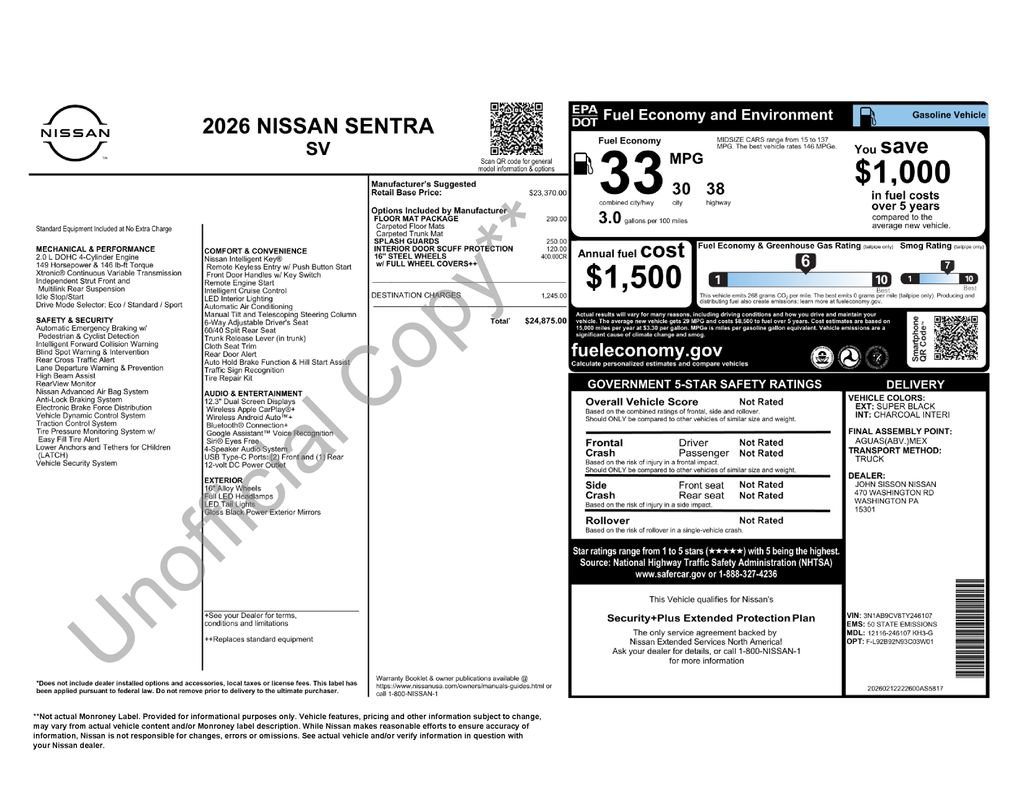 New 2026 Nissan Sentra SV w/ Floor Mat Package FWD image 6