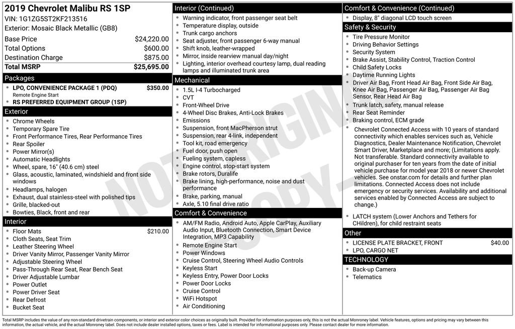 Used 2019 Chevrolet Malibu RS w/ LPO, Convenience Package 1 FWD image 5