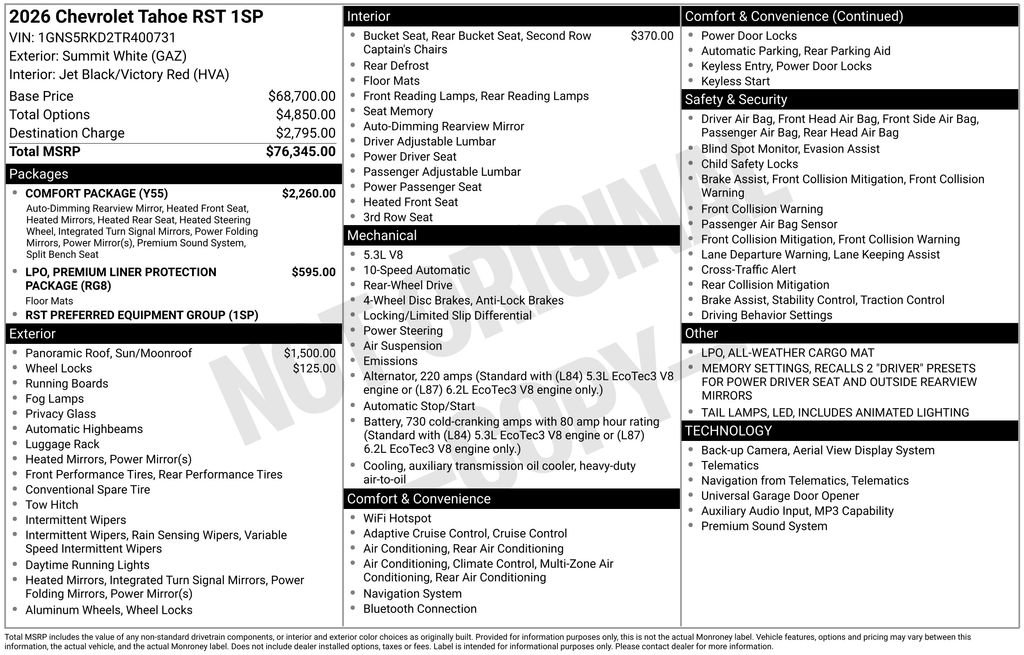 New 2026 Chevrolet Tahoe RST w/ Comfort Package RWD image 37