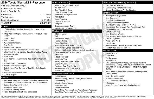 Used 2026 Toyota Sienna LE FWD image 8