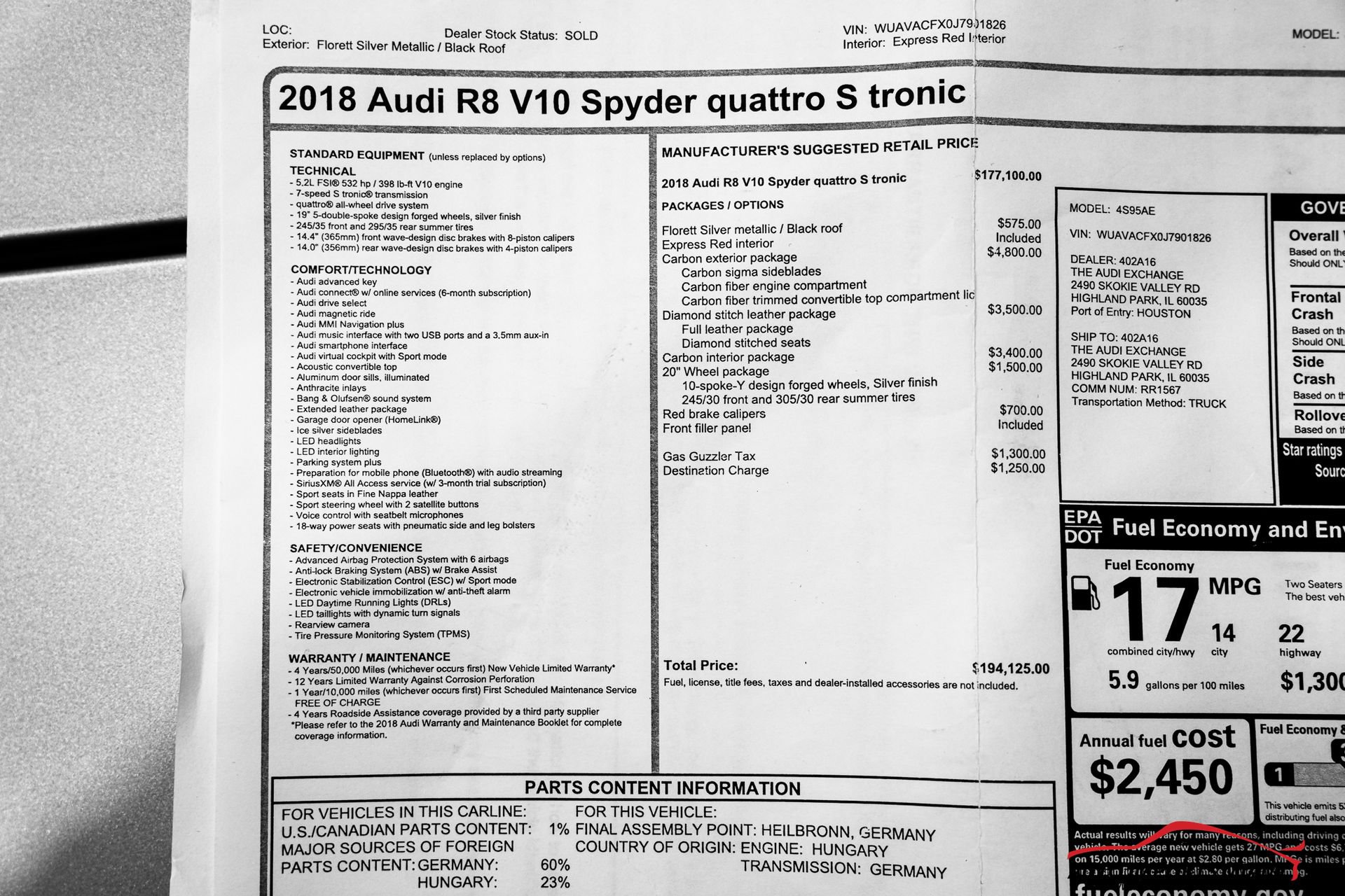 Used 2018 Audi R8 V10 w/ Carbon Exterior Package AWD/4WD image 87