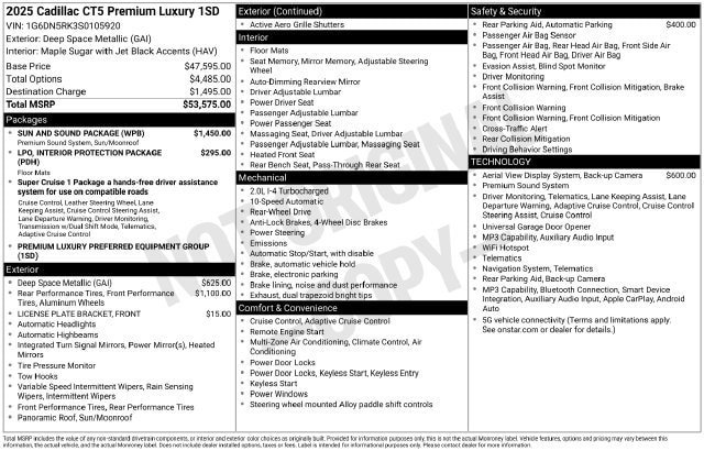 Certified 2025 Cadillac CT5 Premium Luxury w/ Sun And Sound Package RWD image 35