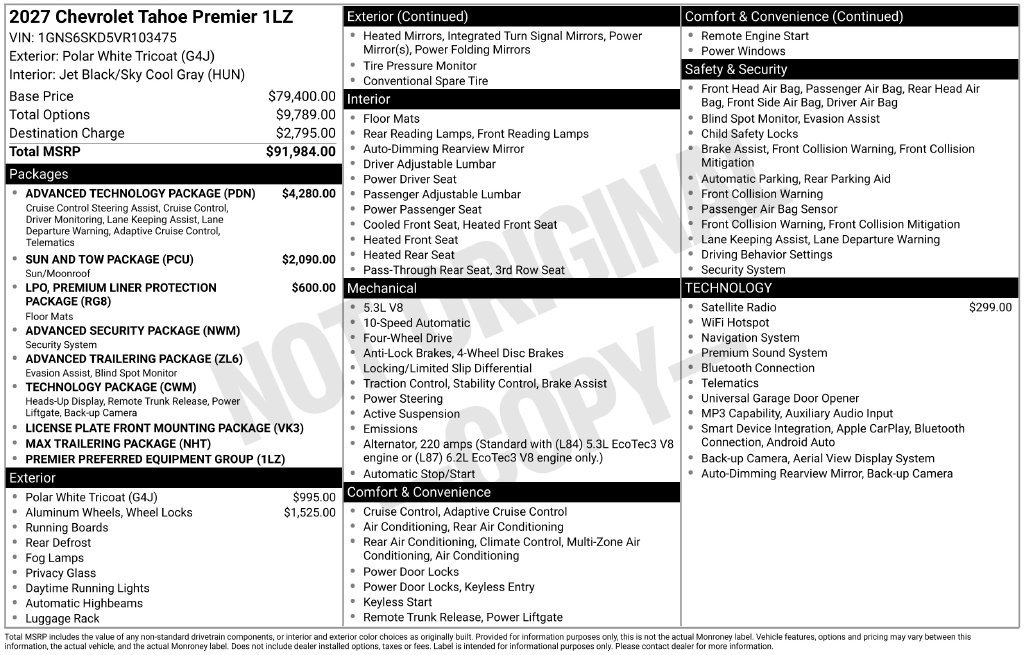 New 2027 Chevrolet Tahoe Premier w/ Advanced Technology Package AWD/4WD image 48