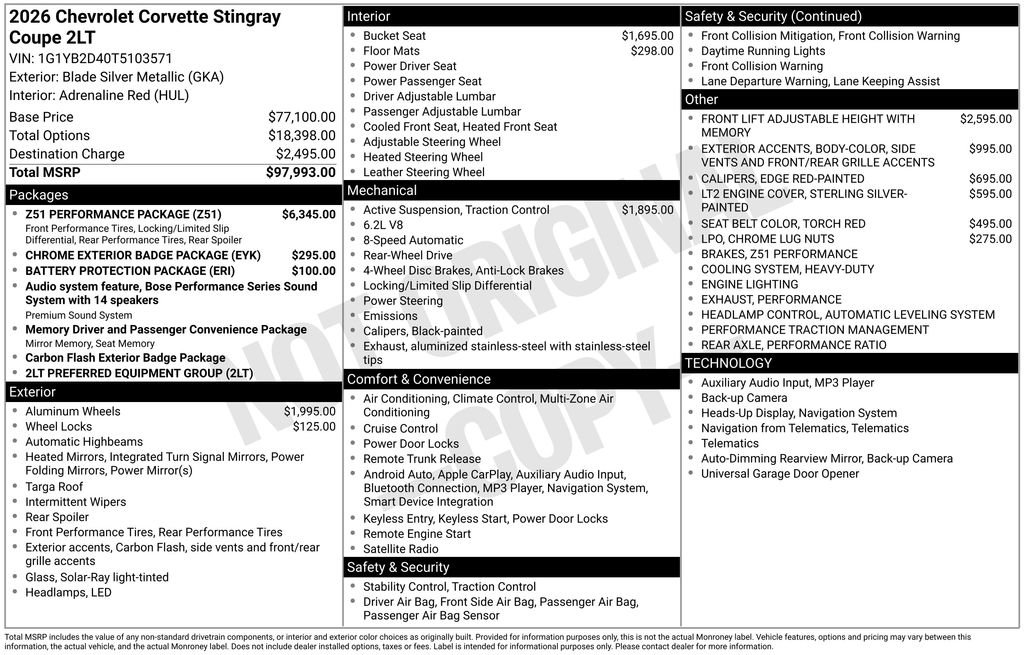 New 2026 Chevrolet Corvette Stingray Preferred Cpe w/ Z51 Performance Package image 4