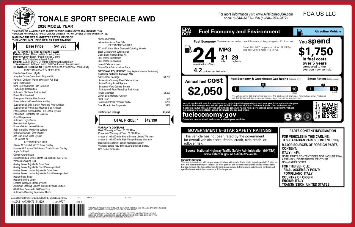 New 2026 Alfa Romeo Tonale w/ Active Assist Package AWD/4WD image 1
