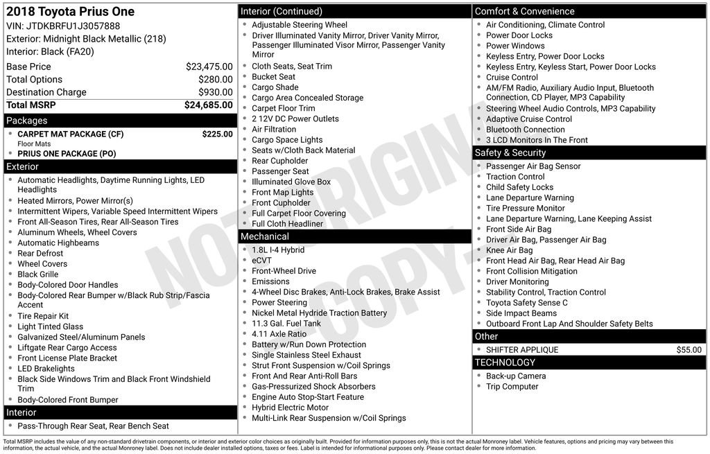 Used 2018 Toyota Prius One w/ Carpet Mat Package FWD image 5