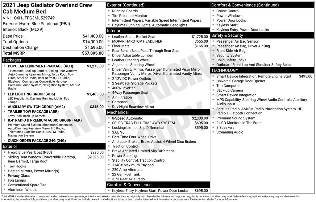 Used 2021 Jeep Gladiator Overland w/ Popular Equipment Package AWD/4WD image 6