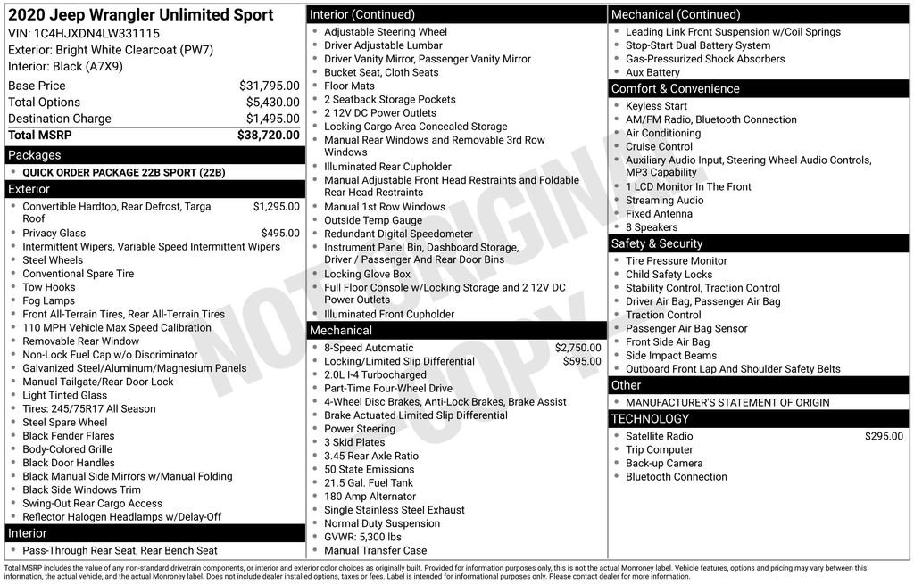 Used 2020 Jeep Wrangler Unlimited Sport image 1