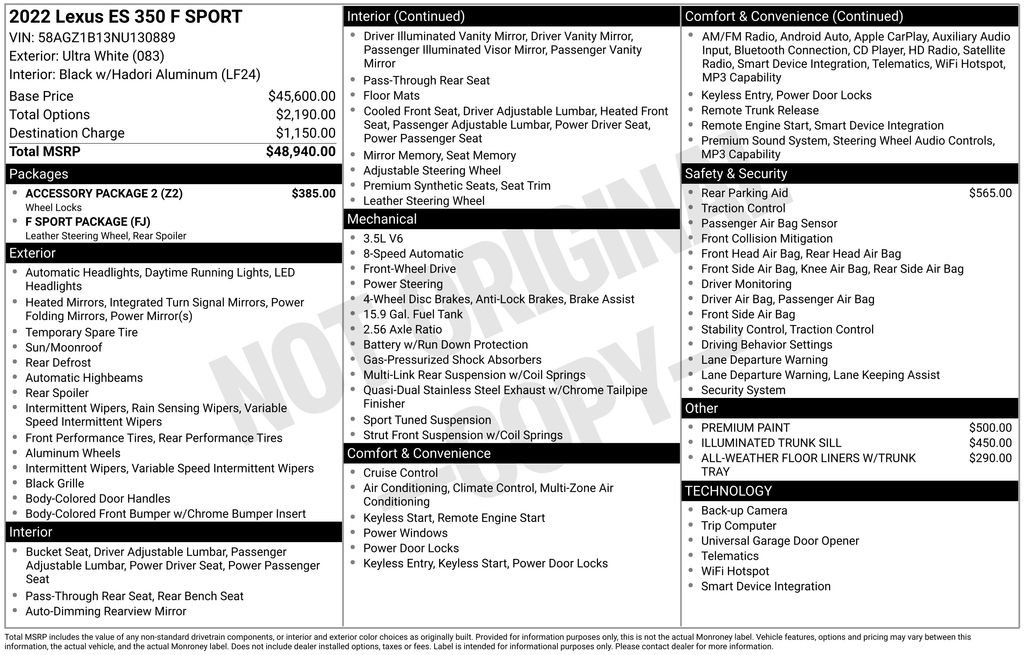 Used 2022 Lexus ES 350 F Sport w/ Accessory Package 2 FWD image 44