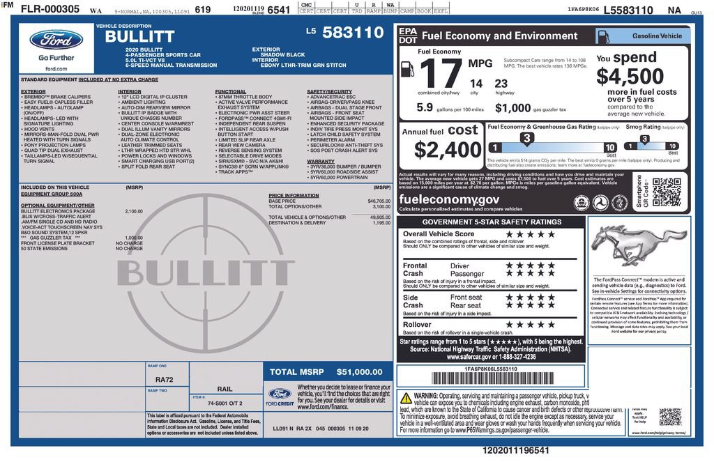 Certified 2020 Ford Mustang Bullitt w/ Bullitt Electronics Package RWD image 39