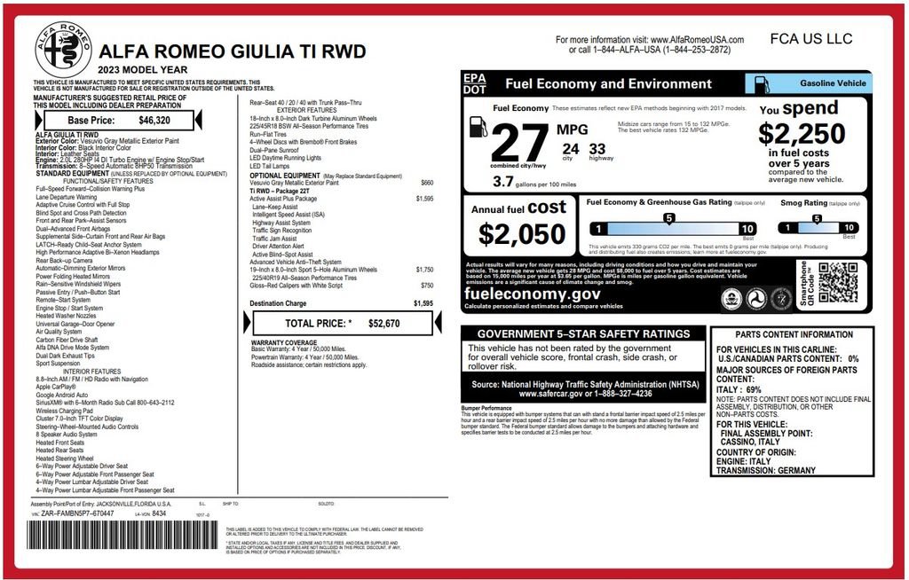 Used 2023 Alfa Romeo Giulia Ti w/ Active Assist Plus Package RWD image 5