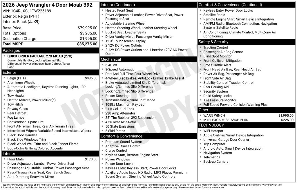 New 2026 Jeep Wrangler Unlimited Rubicon 392 w/ Quick Order Package 27X Moab AWD/4WD image 6