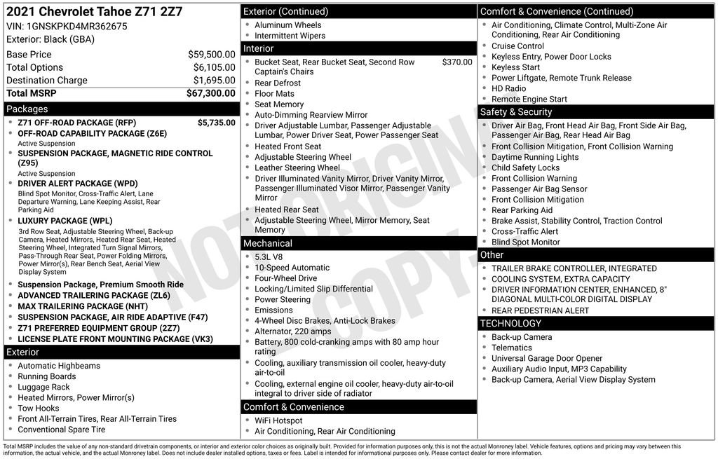 Used 2021 Chevrolet Tahoe Z71 w/ Z71 Off-Road Package AWD/4WD image 29