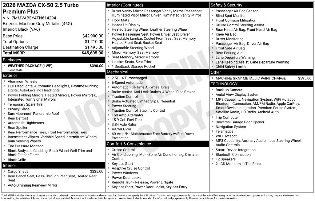 New 2026 MAZDA CX-50 2.5 Turbo w/ Weather Package AWD/4WD image 10
