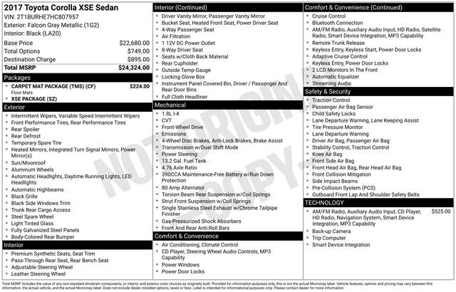Used 2017 Toyota Corolla XSE w/ Carpet Mat Package (TMS) FWD image 3