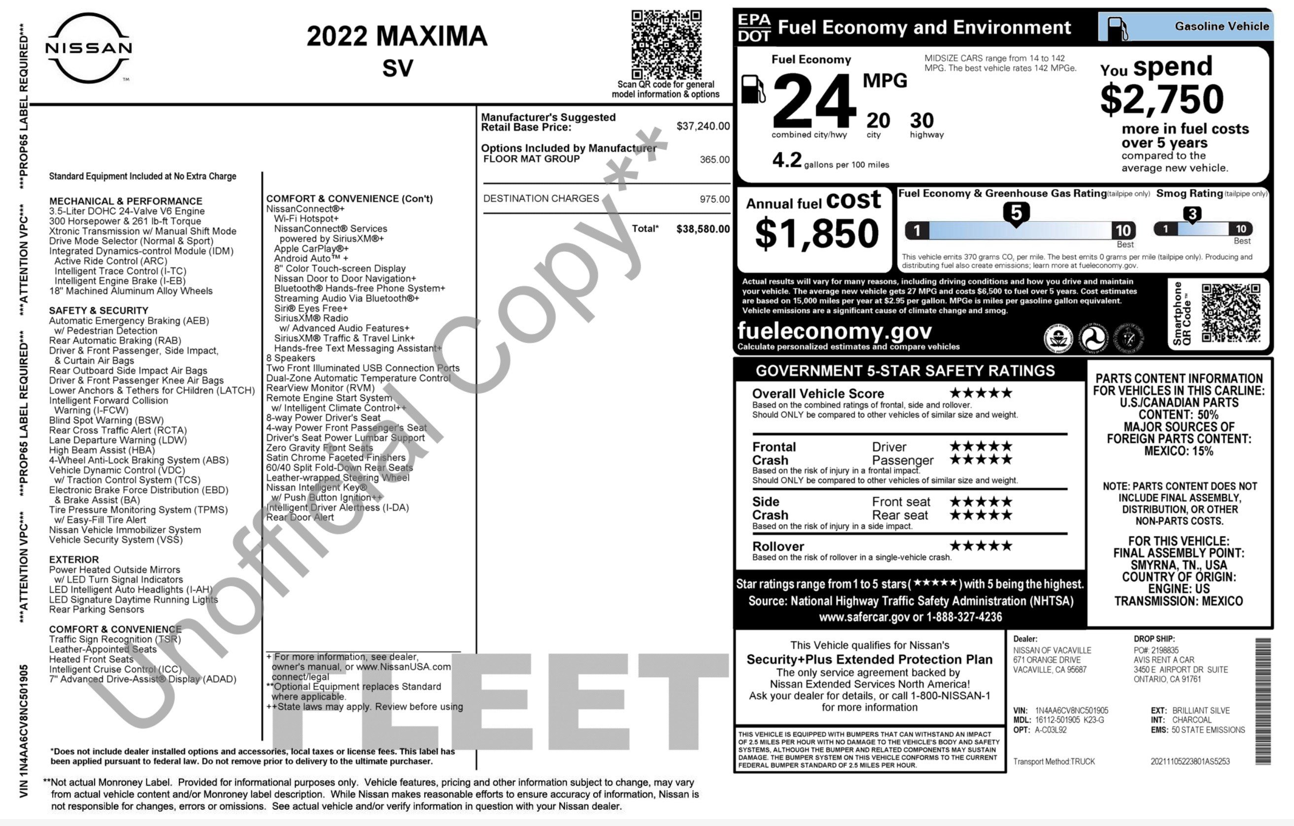 Used 2022 Nissan Maxima SV w/ Floor Mat Group FWD image 2