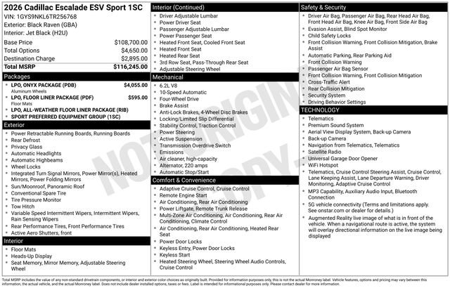 Certified 2026 Cadillac Escalade ESV Sport w/ LPO, ONYX Package AWD/4WD image 7