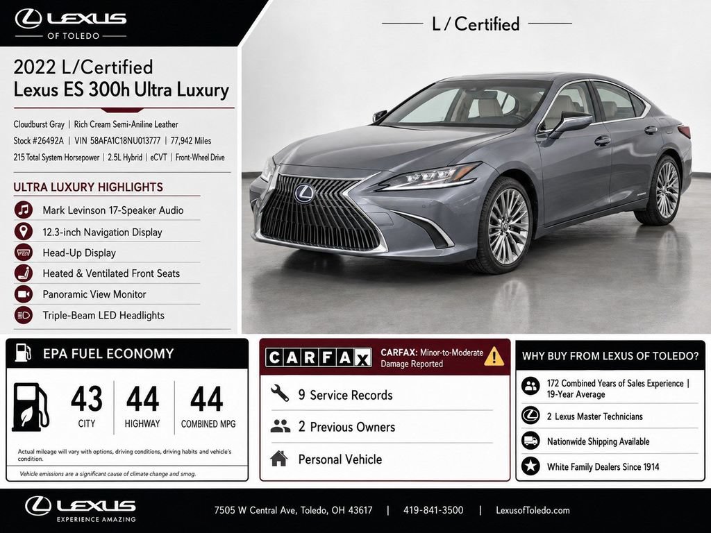Certified 2022 Lexus ES 300h Ultra Luxury w/ Accessory Package 2 FWD image 3