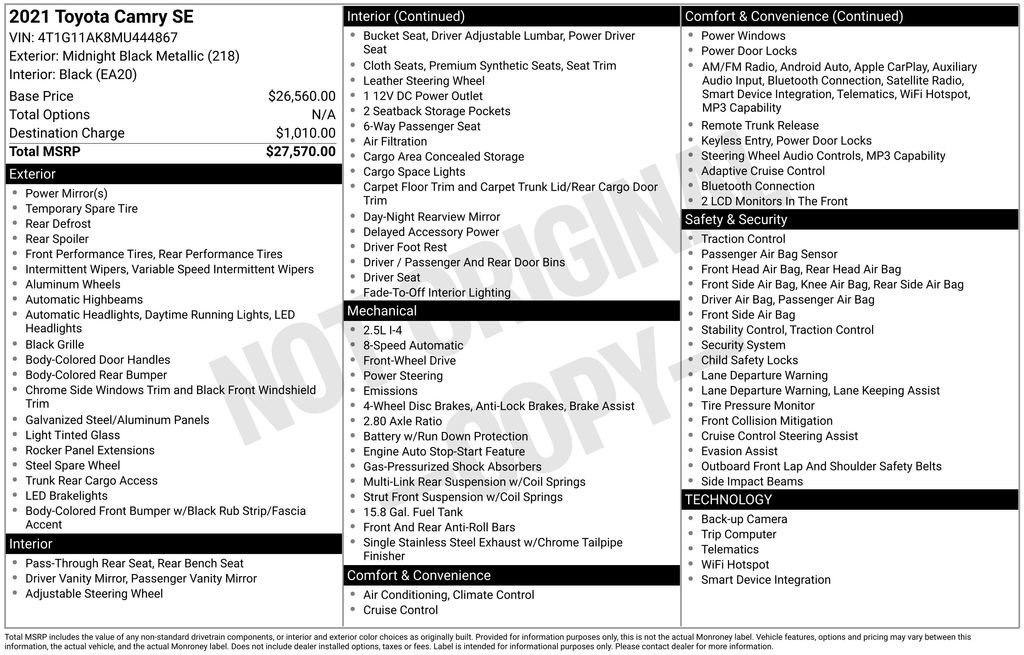 Used 2021 Toyota Camry SE FWD image 1