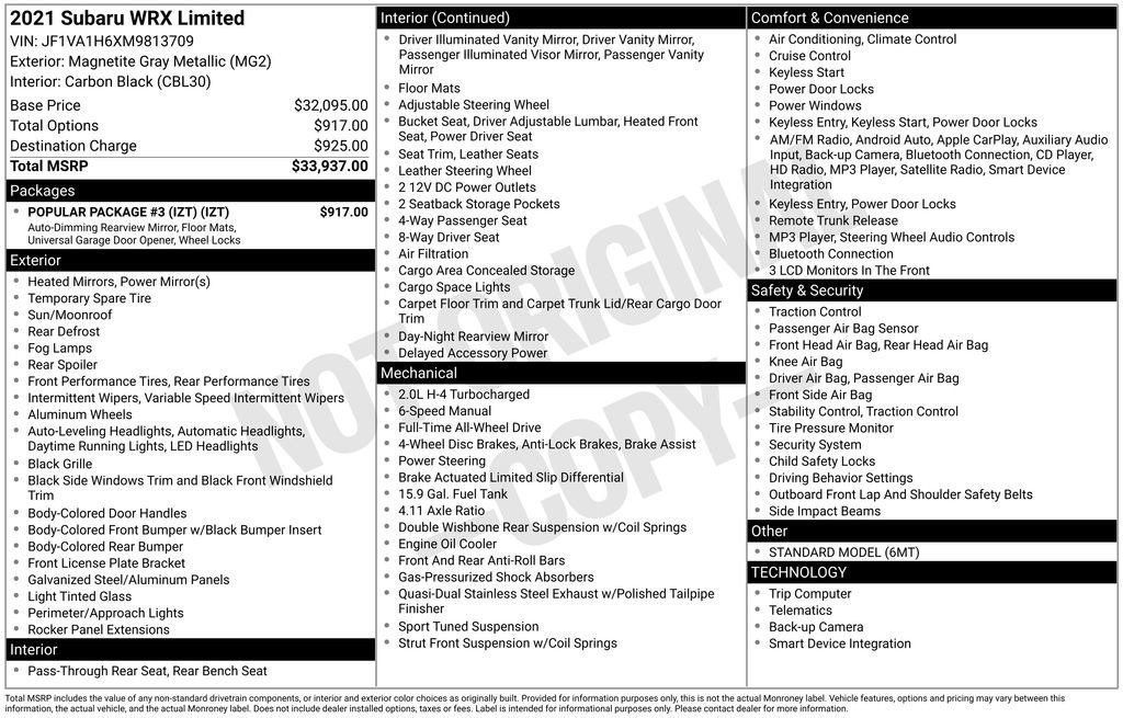 Used 2021 Subaru WRX Limited w/ Popular Package #3 (IZT) image 30