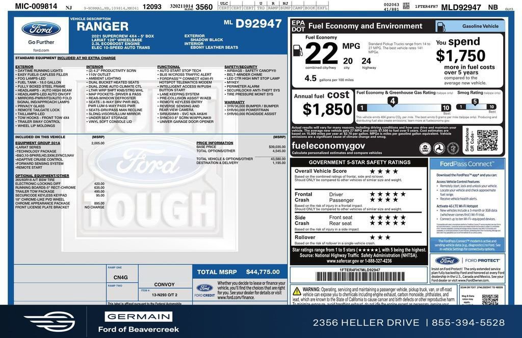 Certified 2021 Ford Ranger Lariat w/ Equipment Group 501A High image 30