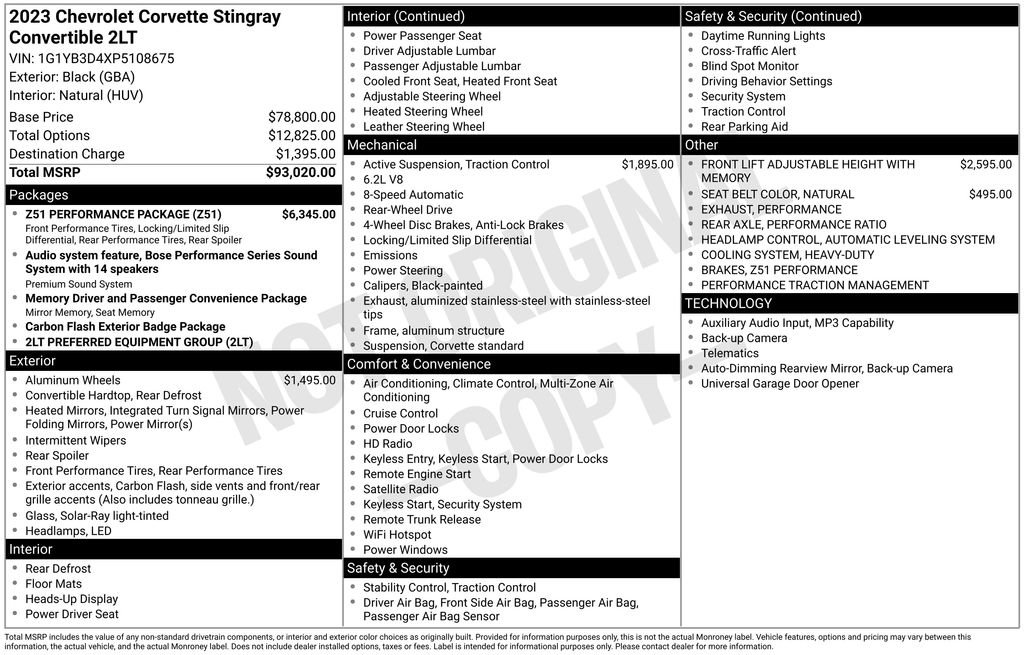 Used 2023 Chevrolet Corvette Stingray Preferred Conv w/ Z51 Performance Package RWD image 3