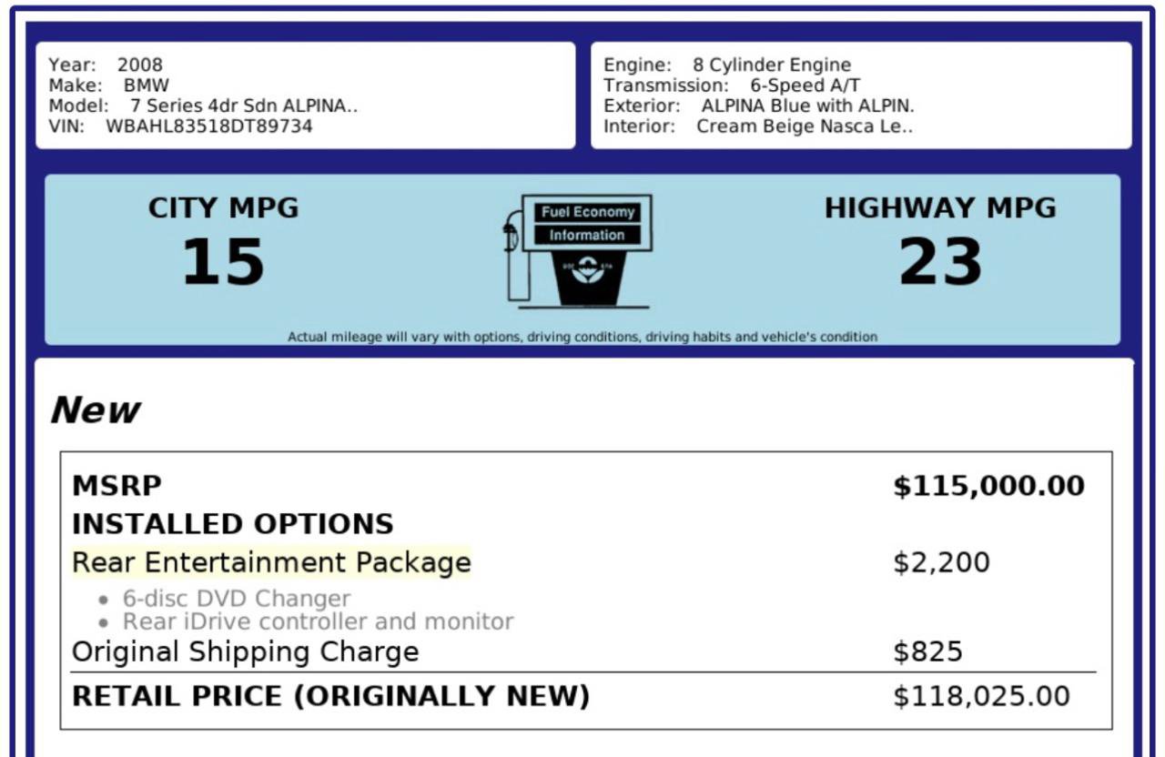 Used 2008 BMW ALPINA B7 7-SERIES 4DR SEDAN image 4