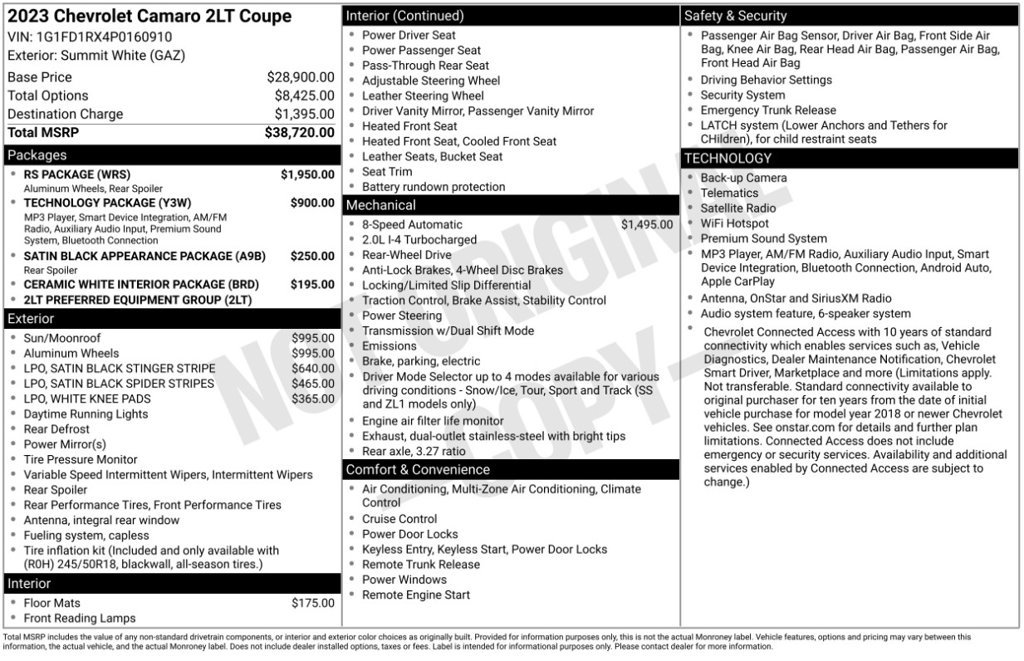Used 2023 Chevrolet Camaro LT w/ RS Package RWD image 6