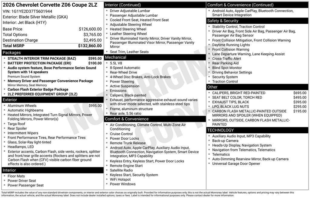 New 2026 Chevrolet Corvette Z06 w/ Stealth Interior Trim Package image 2