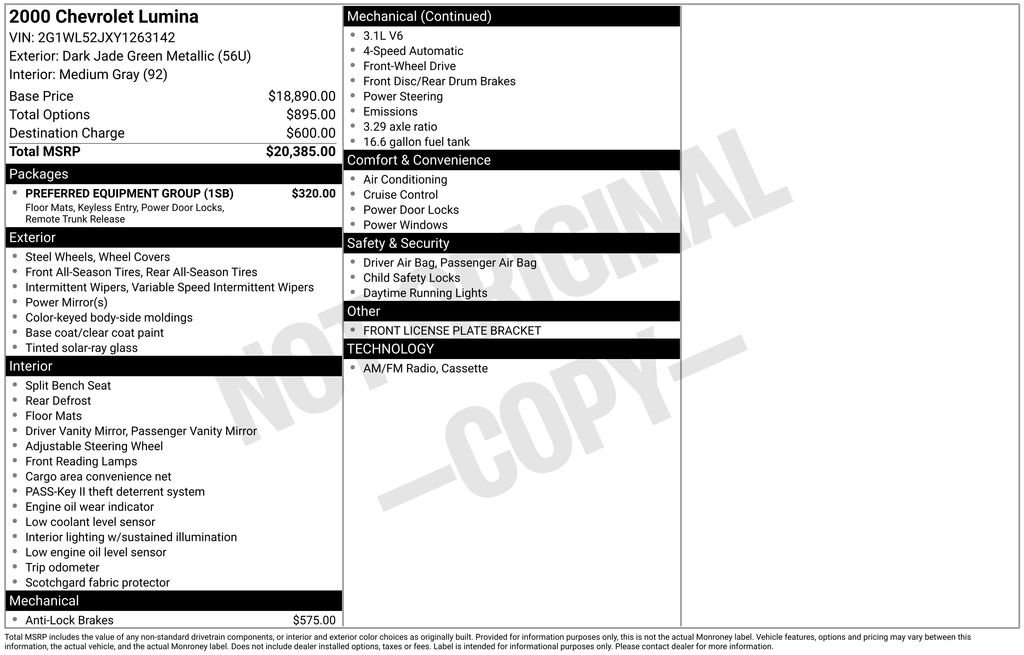 Used 2000 Chevrolet Lumina w/ Preferred Equipment Group FWD image 29