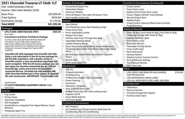 Used 2021 Chevrolet Traverse LT w/ LPO, Floor Liner Package AWD/4WD image 42