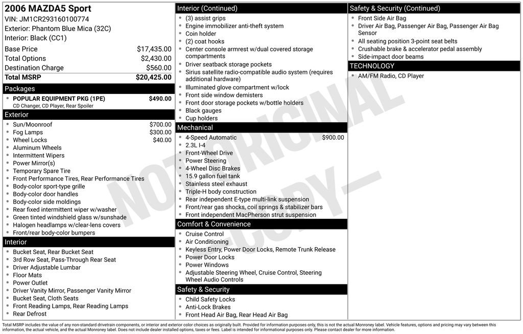 Used 2006 MAZDA MAZDA5 Sport w/ Popular Equipment Pkg FWD image 2
