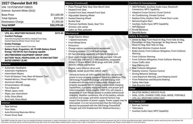 New 2027 Chevrolet Bolt RS w/ LPO, All-Weather Package FWD image 4