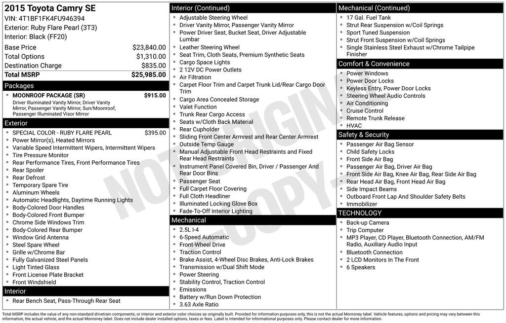 Used 2015 Toyota Camry SE w/ Moonroof Package FWD image 30