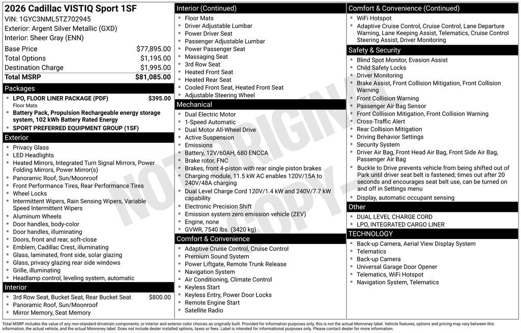 New 2026 Cadillac Vistiq Sport w/ LPO, Floor Liner Package image 4