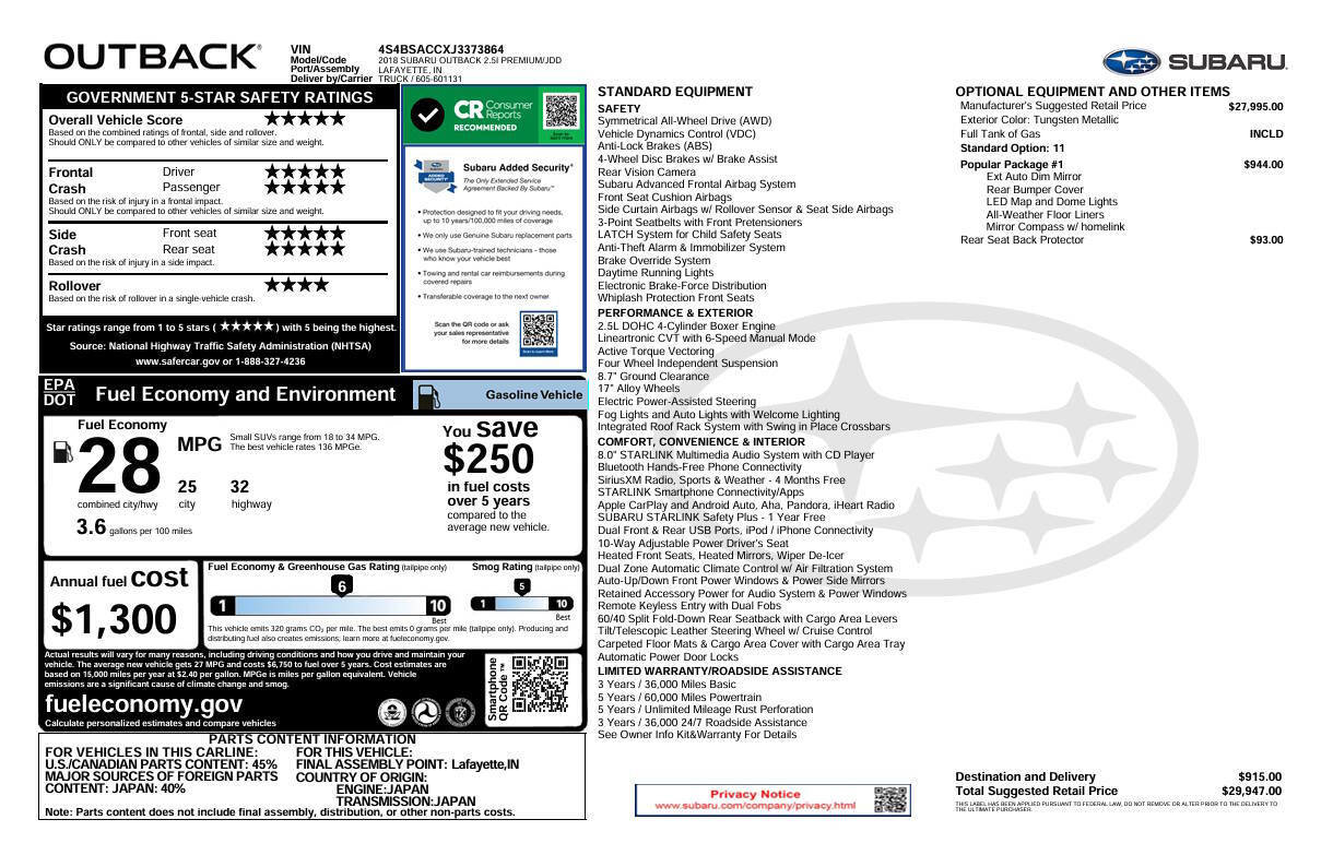 Used 2018 Subaru Outback 2.5i Premium w/ Popular Package #1 image 4