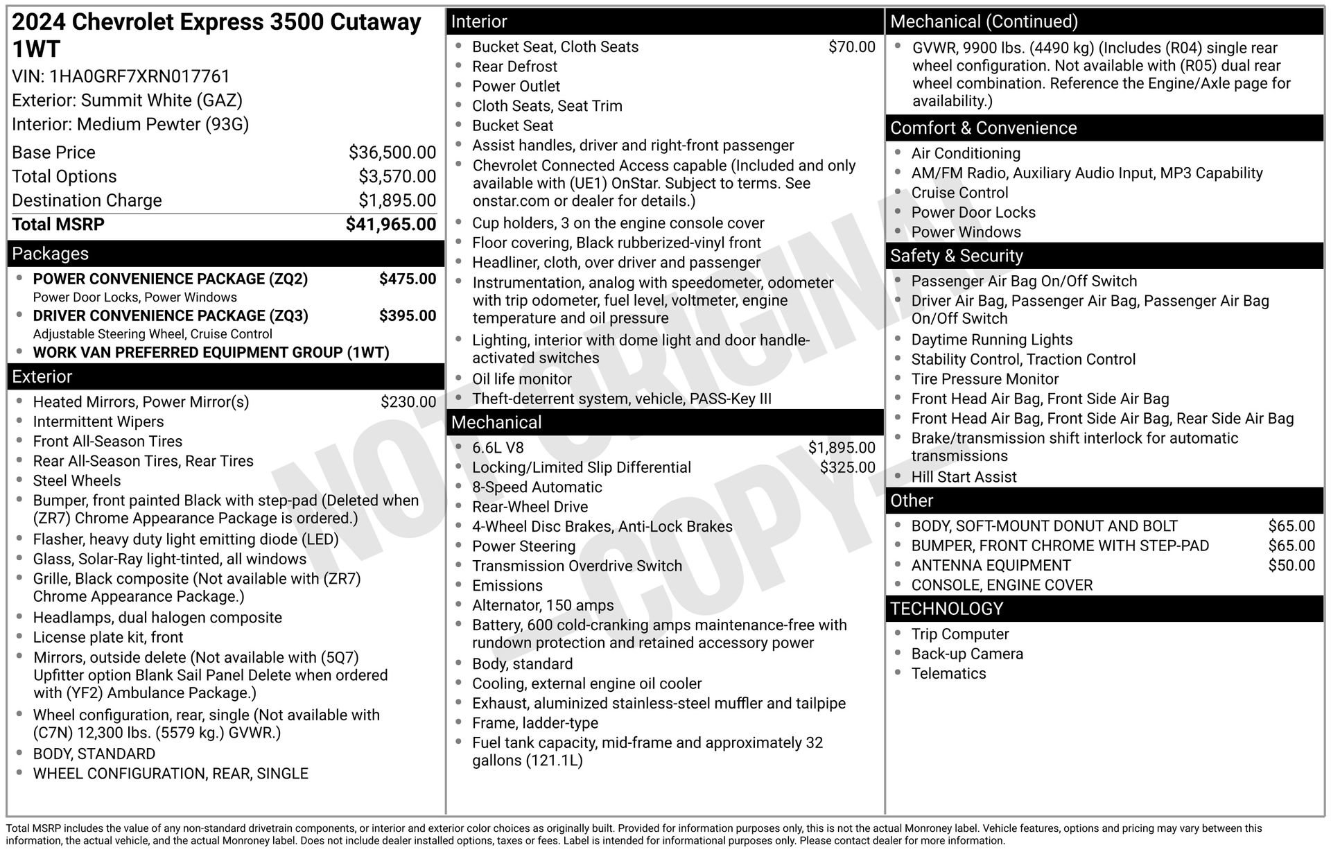 Used 2024 Chevrolet Express 3500 w/ Power Convenience Package RWD image 3