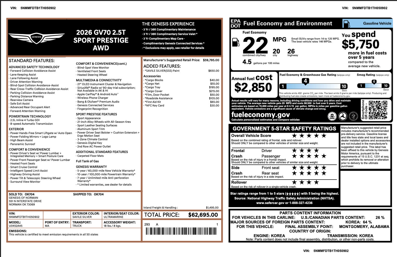 Certified 2026 Genesis GV70 2.5T Sport Prestige AWD/4WD image 3