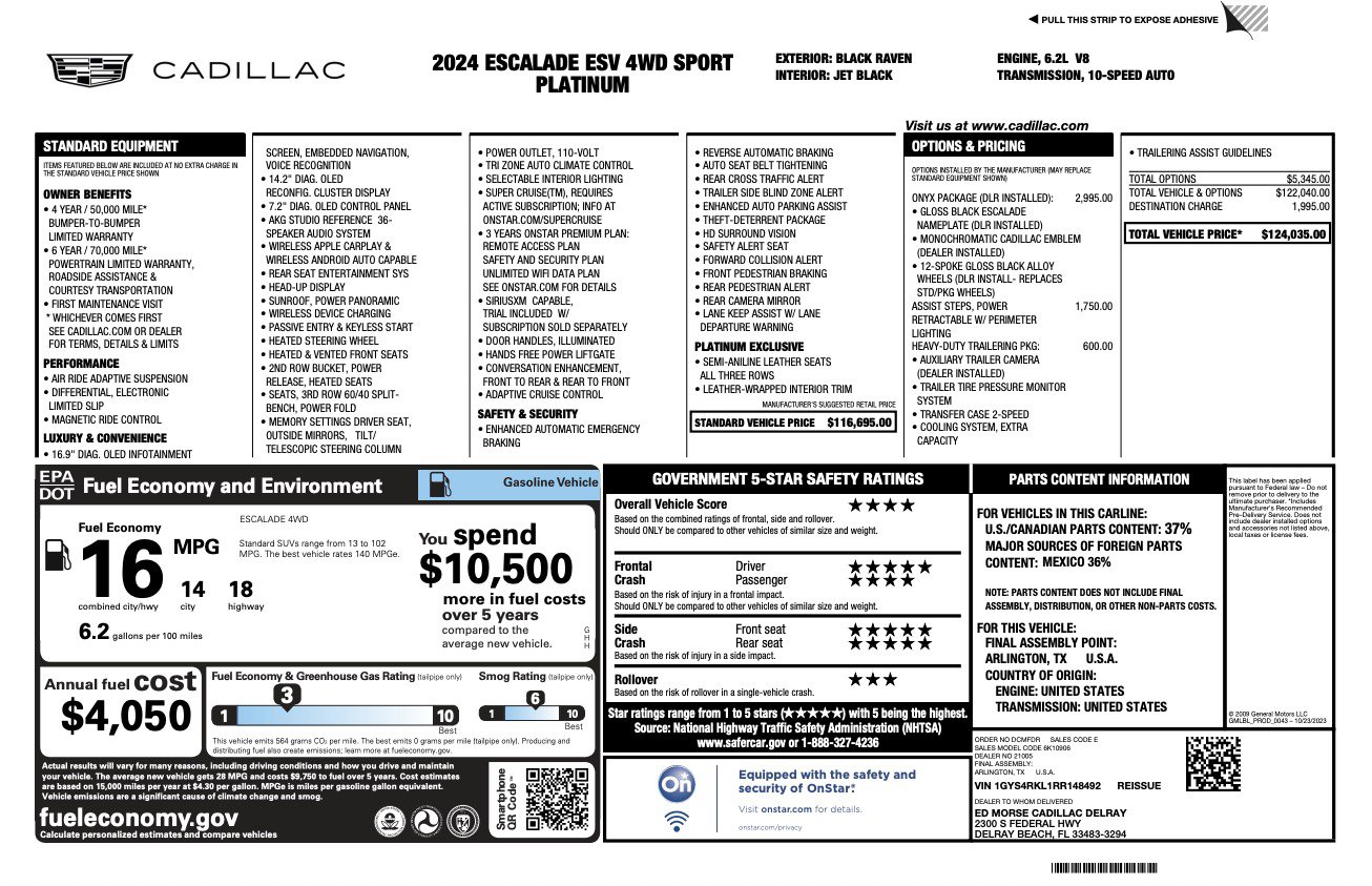 Used 2024 Cadillac Escalade ESV Sport Platinum w/ LPO, ONYX Package image 77
