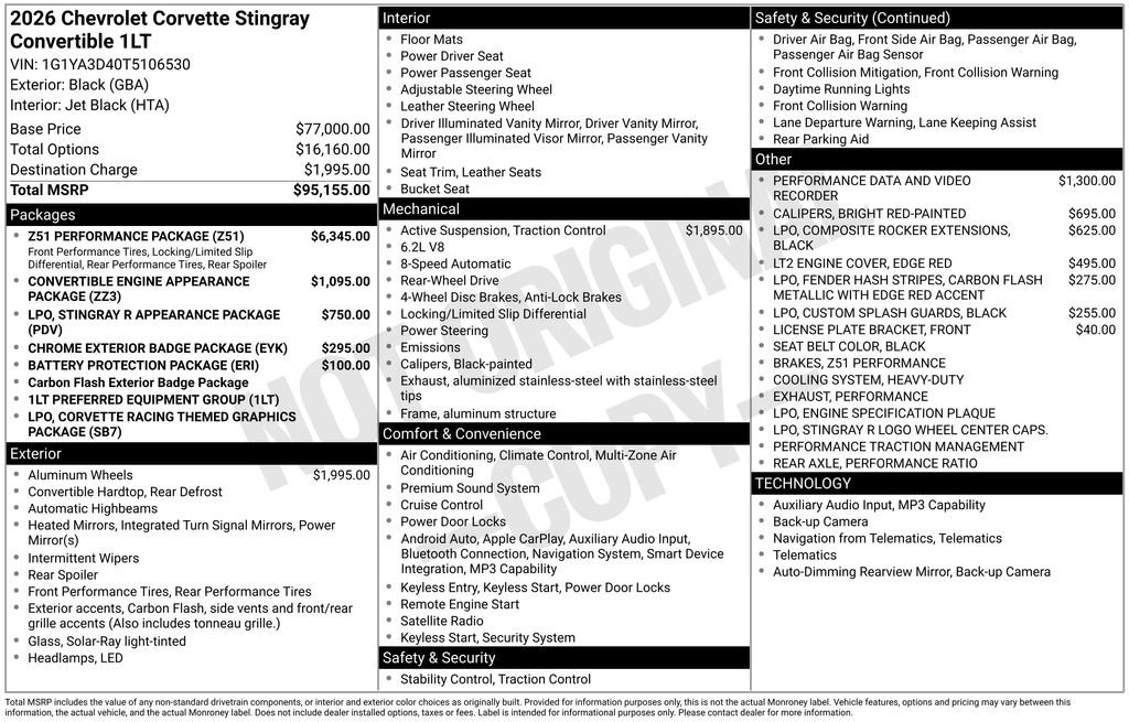 New 2026 Chevrolet Corvette Stingray Convertible w/ Z51 Performance Package image 6