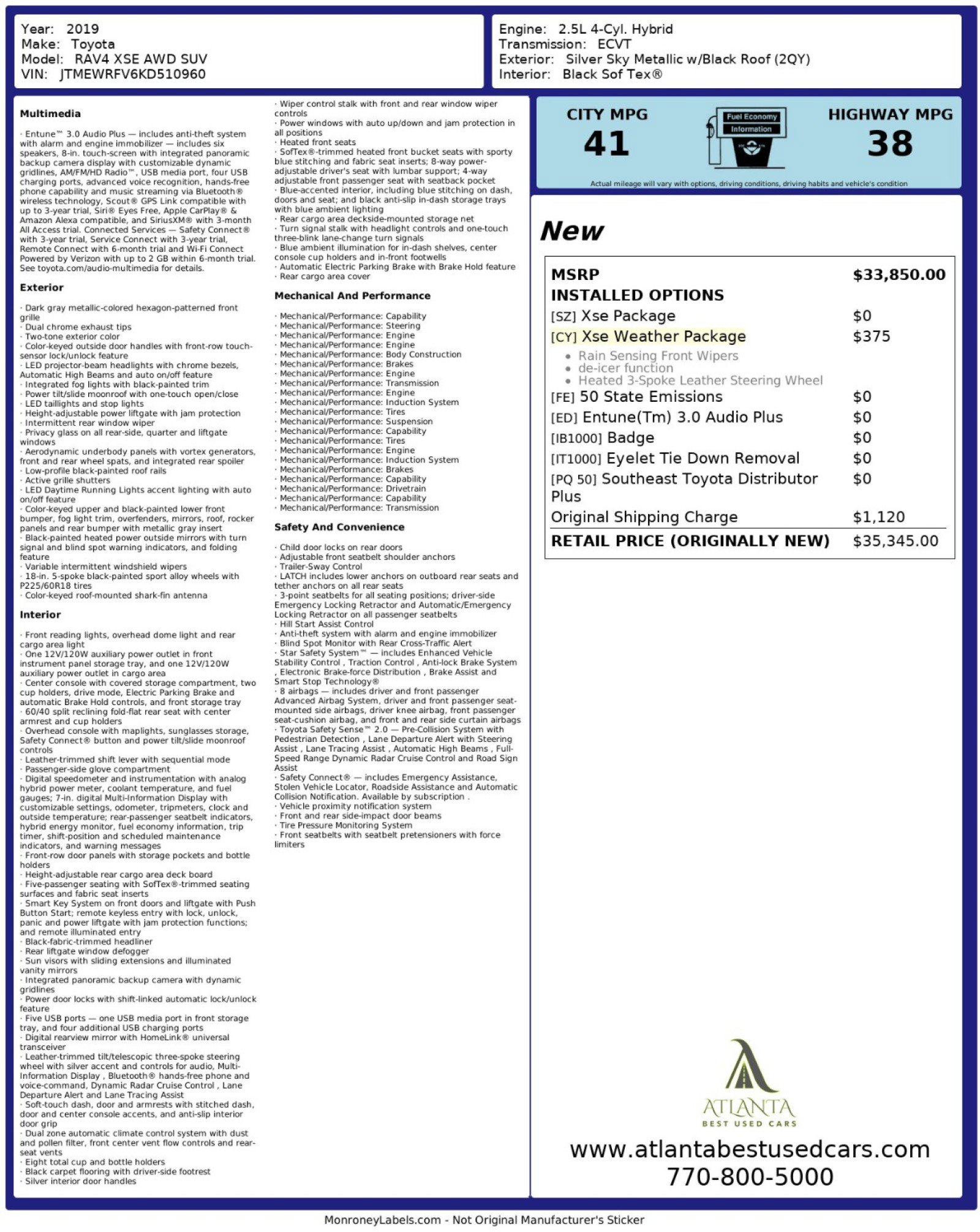 Used 2019 Toyota RAV4 XSE w/ XSE Weather Package AWD/4WD image 53