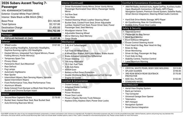New 2026 Subaru Ascent Touring w/ Popular Package #2 image 4