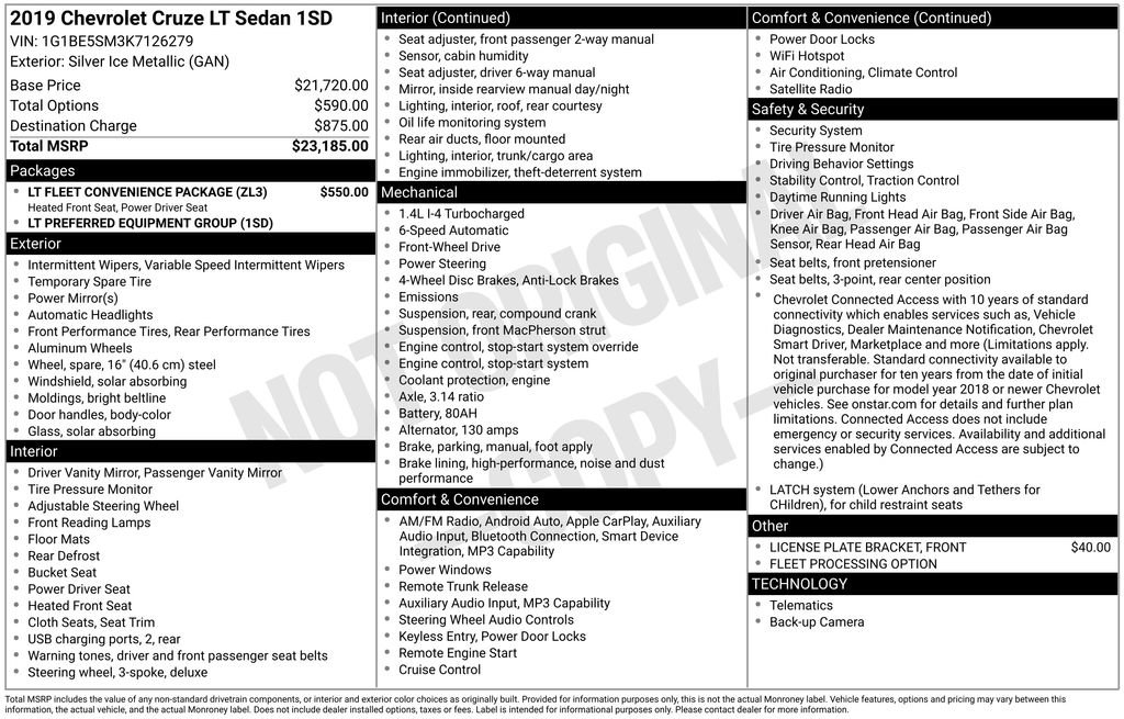 Used 2019 Chevrolet Cruze LT w/ LT Fleet Convenience Package image 16