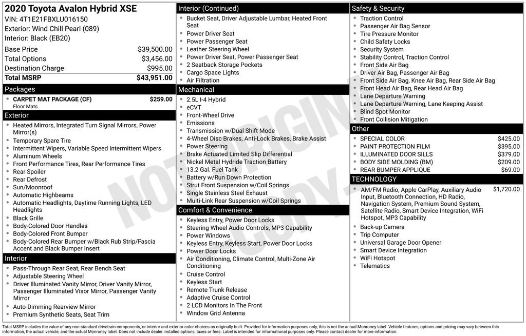 Used 2020 Toyota Avalon XSE w/ Carpet Mat Package FWD image 33