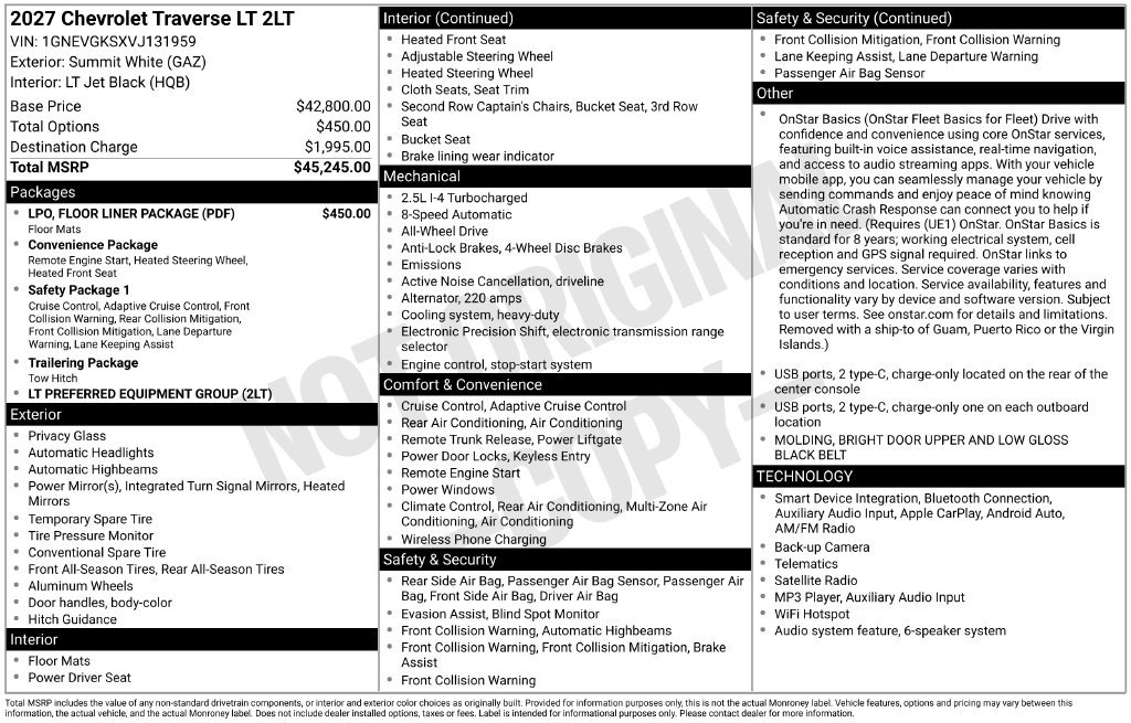 New 2027 Chevrolet Traverse LT w/ LPO, Floor Liner Package AWD/4WD image 6