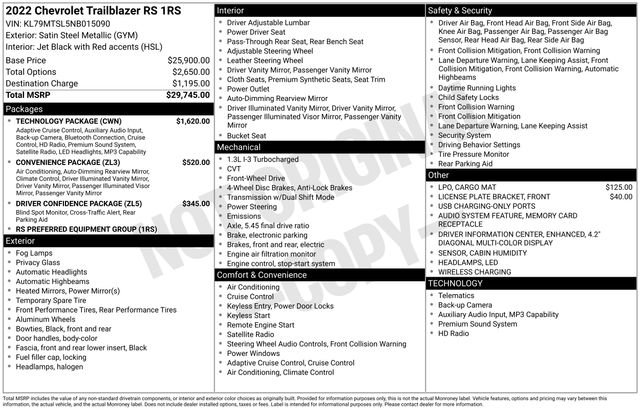 Used 2022 Chevrolet TrailBlazer RS w/ Technology Package FWD image 29
