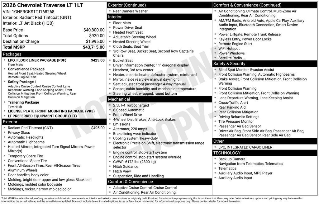 New 2026 Chevrolet Traverse LT w/ LPO, Floor Liner Package image 5