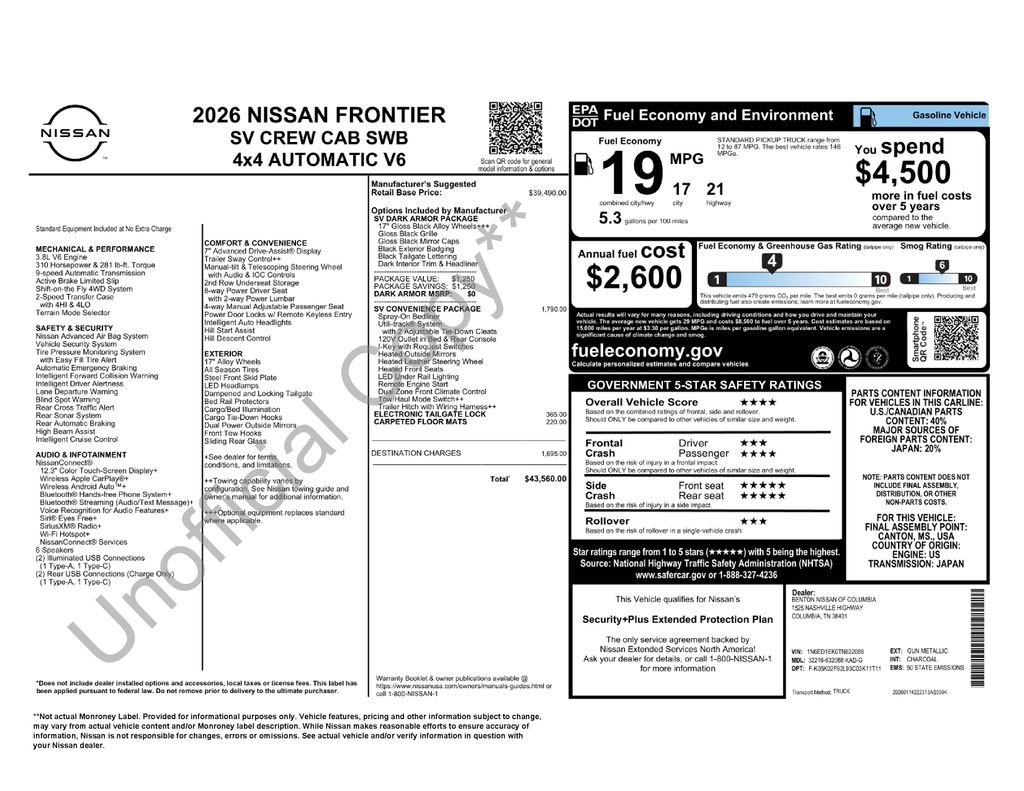 New 2026 Nissan Frontier SV w/ SV Convenience Package image 5